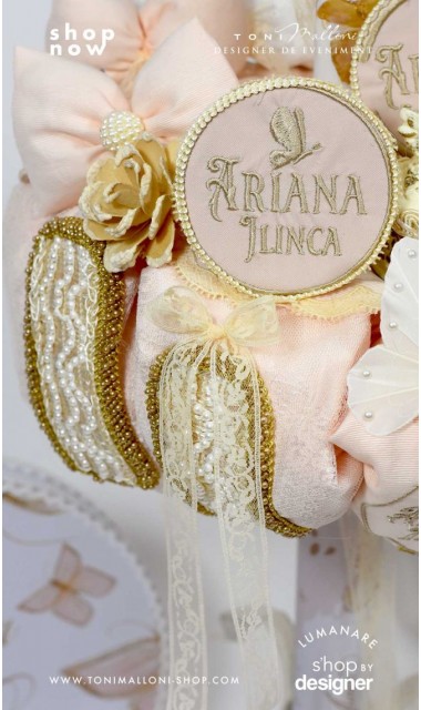 Lumanare botez cu fluturi si broderie personalizata gold 6